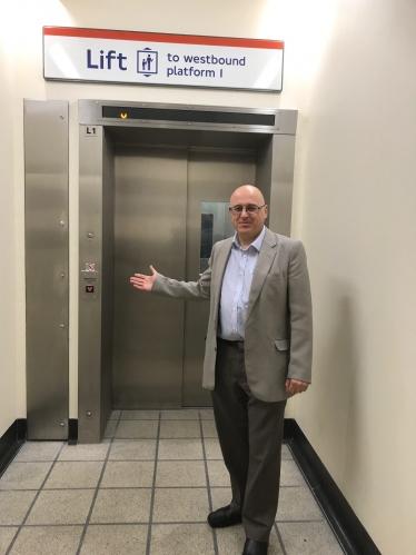 Keith Prince with the new lift at Newbury Park station
